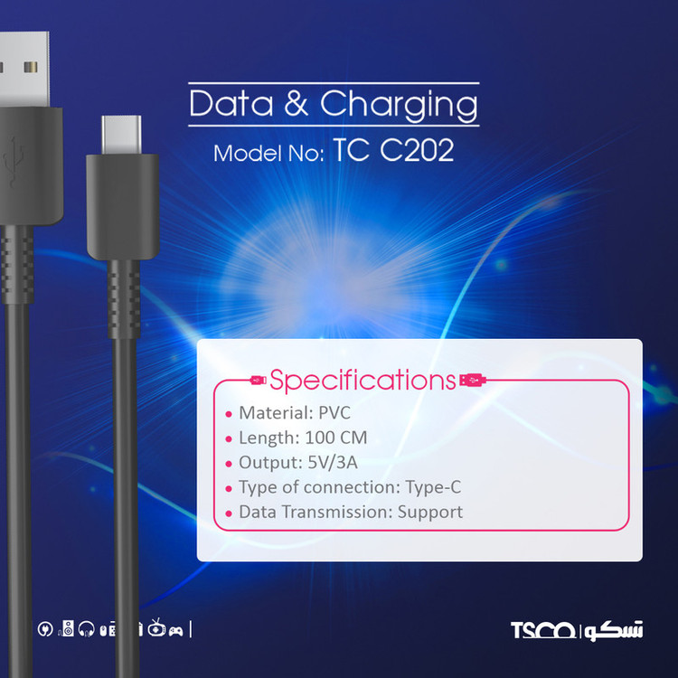 کابل تبدیل USB به USB-C تسکو مدل TCC202 طول 1 متر بسته 5 عددی