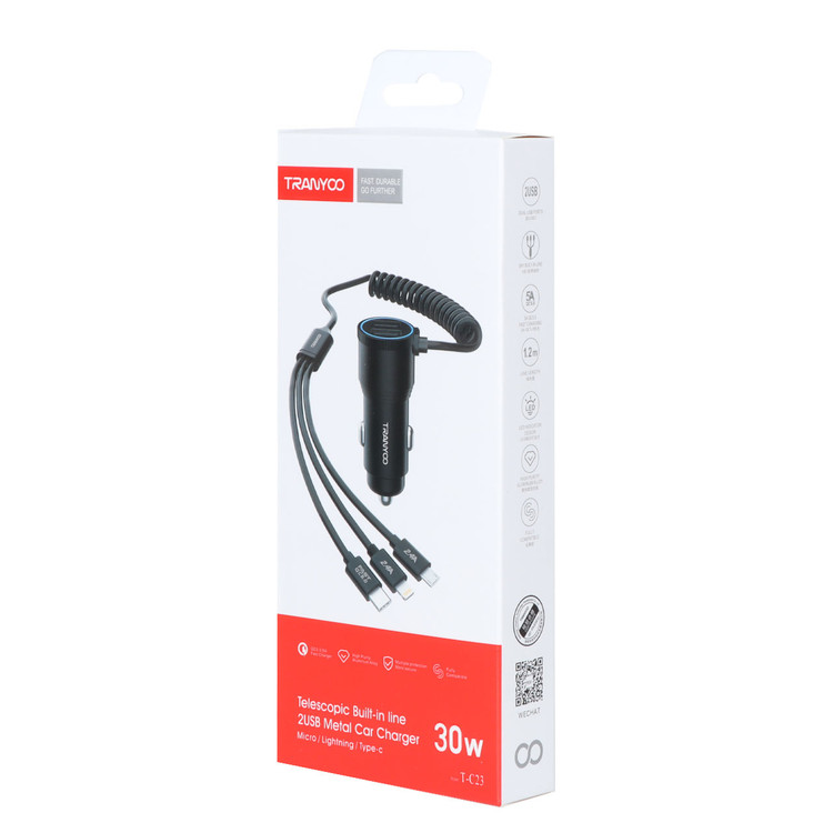 شارژر فندکی فست دو پورت Tranyoo مدل T-C23 30W بهمراه کابل متصل - مشکی