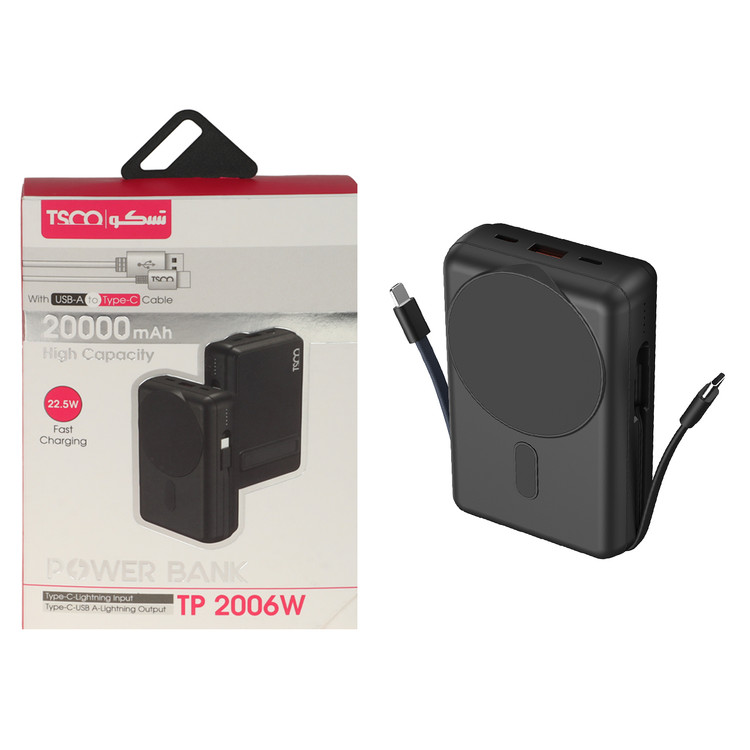 پاوربانک و فست شارژ وایرلس TSCO 20000mAh مدل TP 2006W 22.5W - مشکی (گارانتی 12 ماهه TSCO)