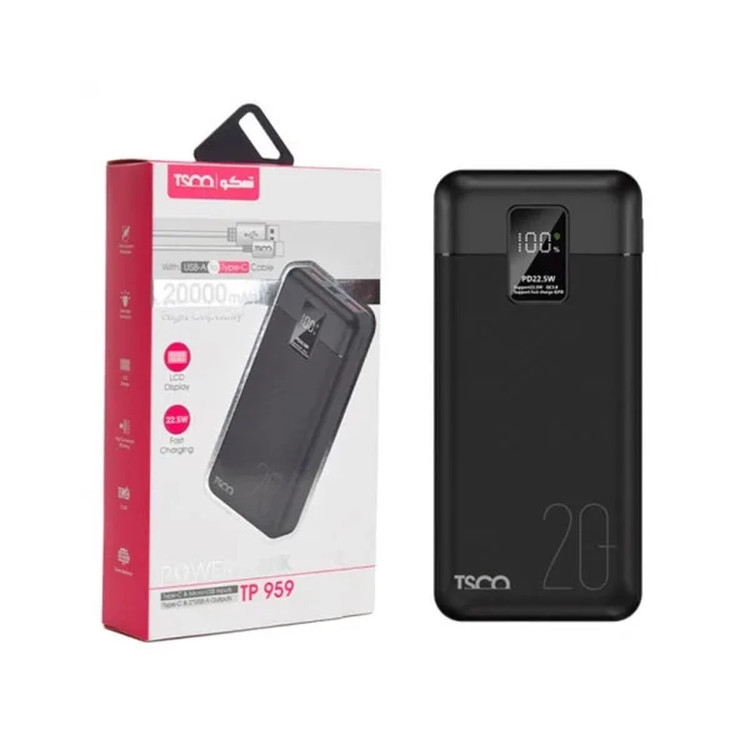 پاوربانک فست شارژ TSCO 20000mAh مدل TP 959 22.5W - مشکی (گارانتی 12 ماهه TSCO)