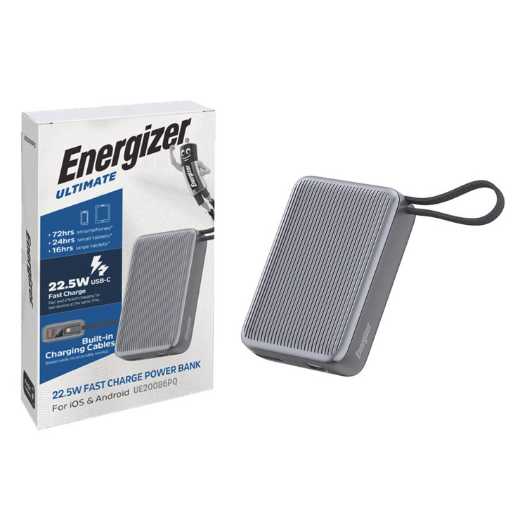 پاوربانک PD و فست شارژ Energizer 20000mAh مدل UE20086PQ 22.5W - خاکستری (گارانتی متین)