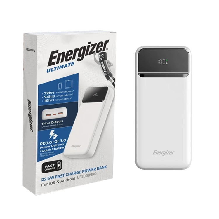 پاوربانک PD و فست شارژ Energizer 20000mAh مدل UE20089PQ 22.5W - سفید (گارانتی متین)