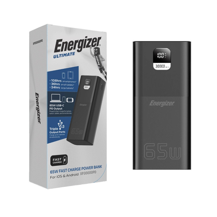 پاوربانک PD و فست شارژ Energizer 30000mAh مدل XP30000PD 65W - مشکی (گارانتی متین)