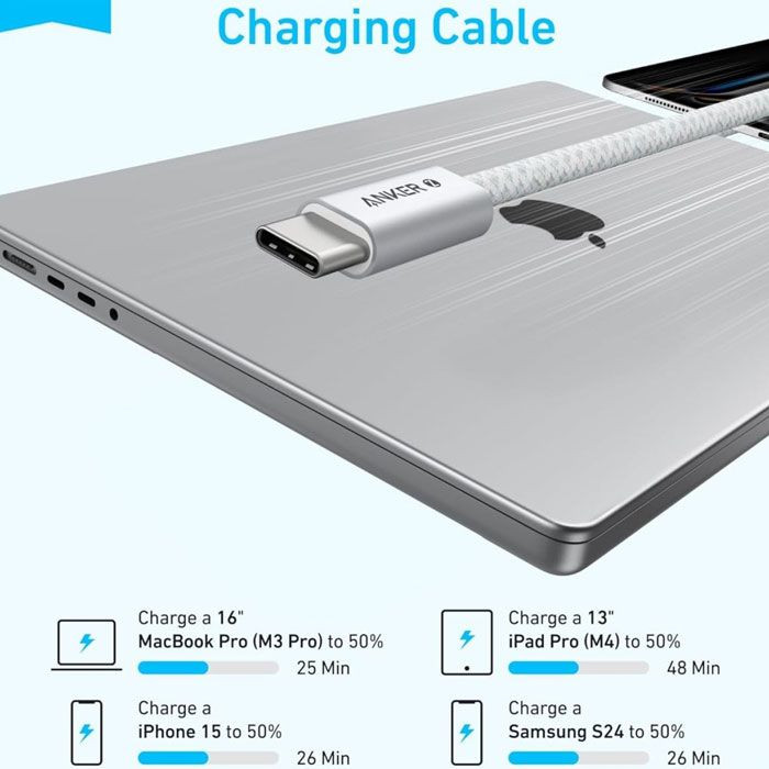کابل شارژ فست ANKER Type-C to Type-C مدل A8060H21 240W - سفید (گارانتی 18ماهه حافظه طلایی ایستا)