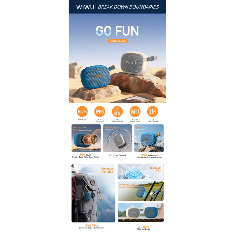 اسپیکر بی سیم Wiwu مدل GO FUN H1 - آبی (گارانتی شش ماهه شرکتی)