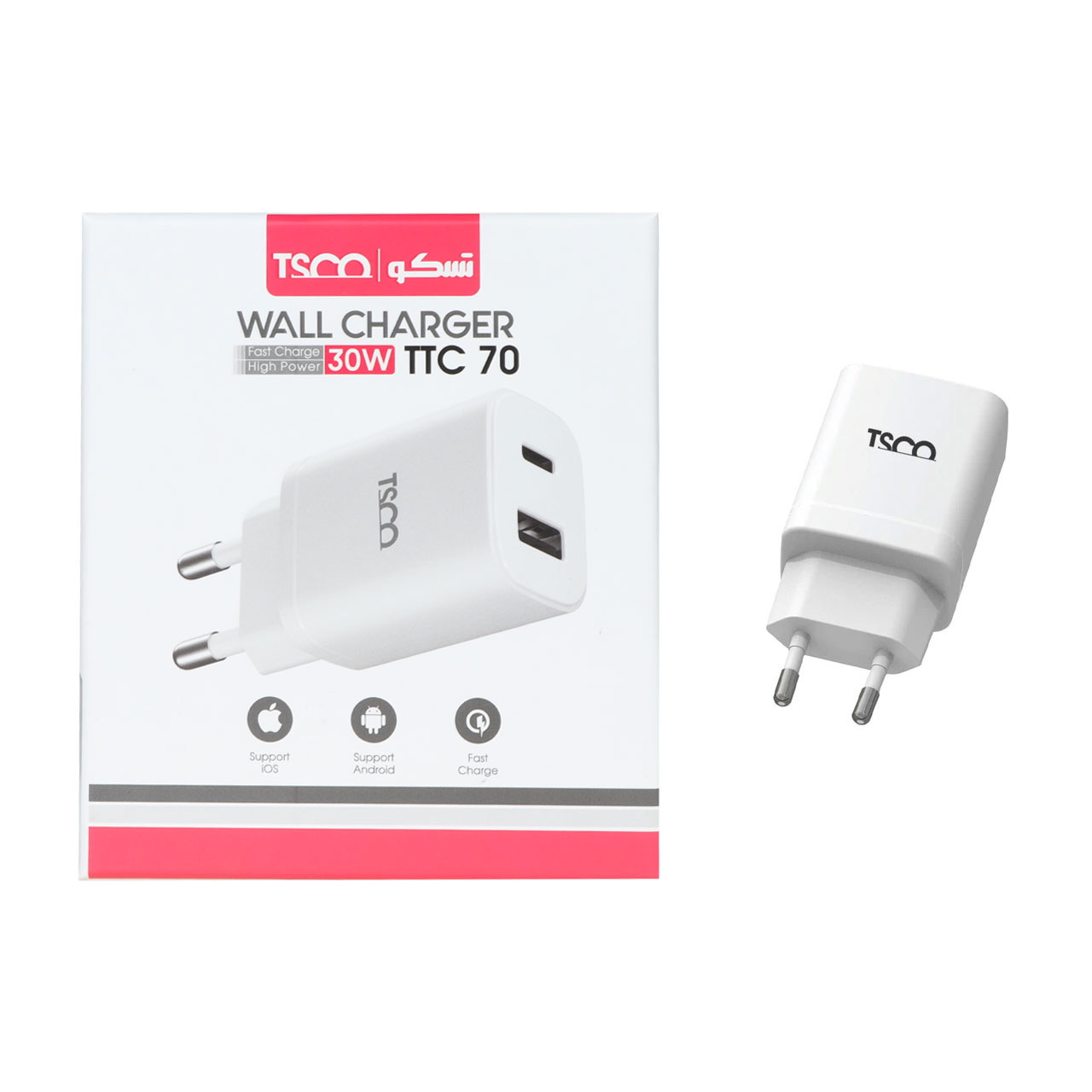 شارژر دیواری PDو فست دو پورت 30 وات TSCO مدل TTC 70 - سفید