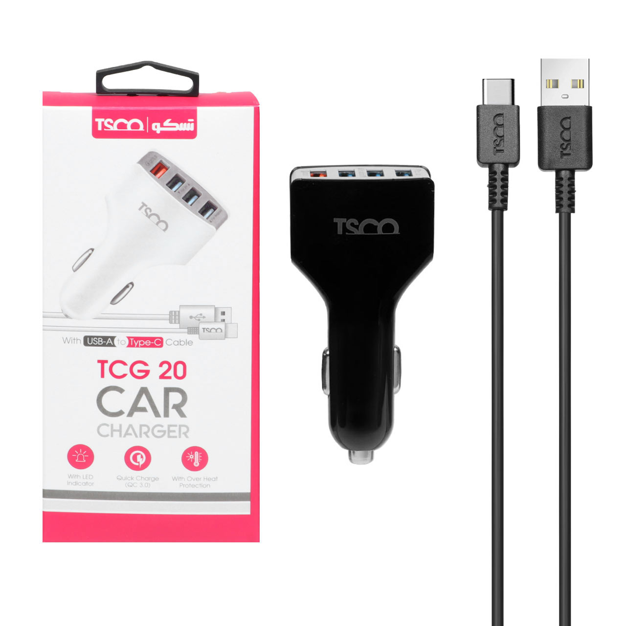 شارژر فندکی فست چهار پورت TSCO مدل TCG 20 18W به همراه کابل شارژ Type-C - مشکی