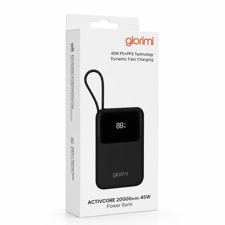 پاوربانک 45 وات گلوریمی مدل ACTIVECORE ظرفیت 20000 میلیآمپرساعت به همراه دو کابل USB-C و لایتنینگ