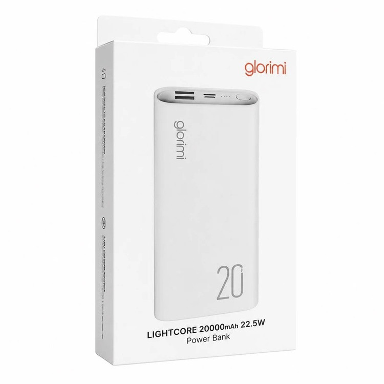 پاوربانک 22.5 وات گلوریمی مدل LIGHTCORE ظرفیت 20000 میلیآمپرساعت به همراه کابل USB-C