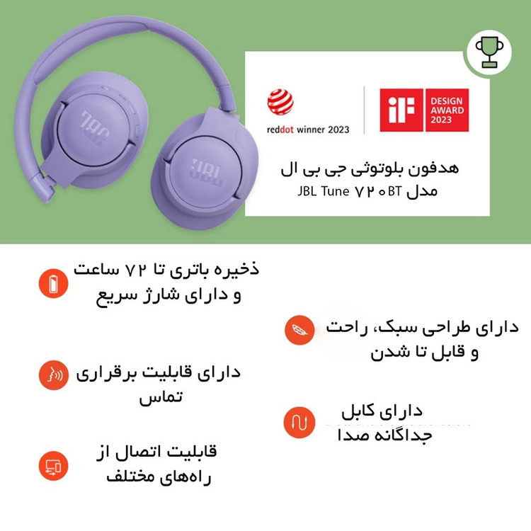 هدفون بلوتوثی جی بی ال مدل Tune 720BT با نویز کنسلینگ میکروفون (ENC)، درگاه شارژ USB Type-C، با قابلیت اتصال به چند دستگاه، دارای طراحی تاشو، قابلیت شارژ سریع، اتصال به صورت بی سیم و ، مقاوم در برابر رطوبت و عرق