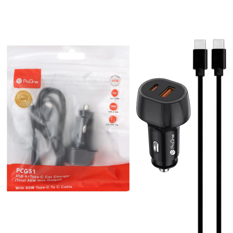 شارژر فندکی فست دو پورت ProOne مدل PCG31 48w به همراه کابل شارژ Type-C To Type-C - مشکی