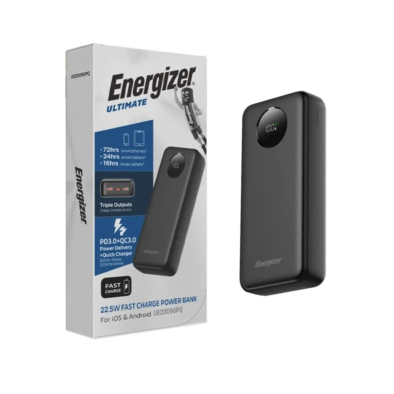 پاوربانک PD و فست شارژ Energizer 20000mAh مدل UE20090PQ 22.5W - مشکی (گارانتی متین)
