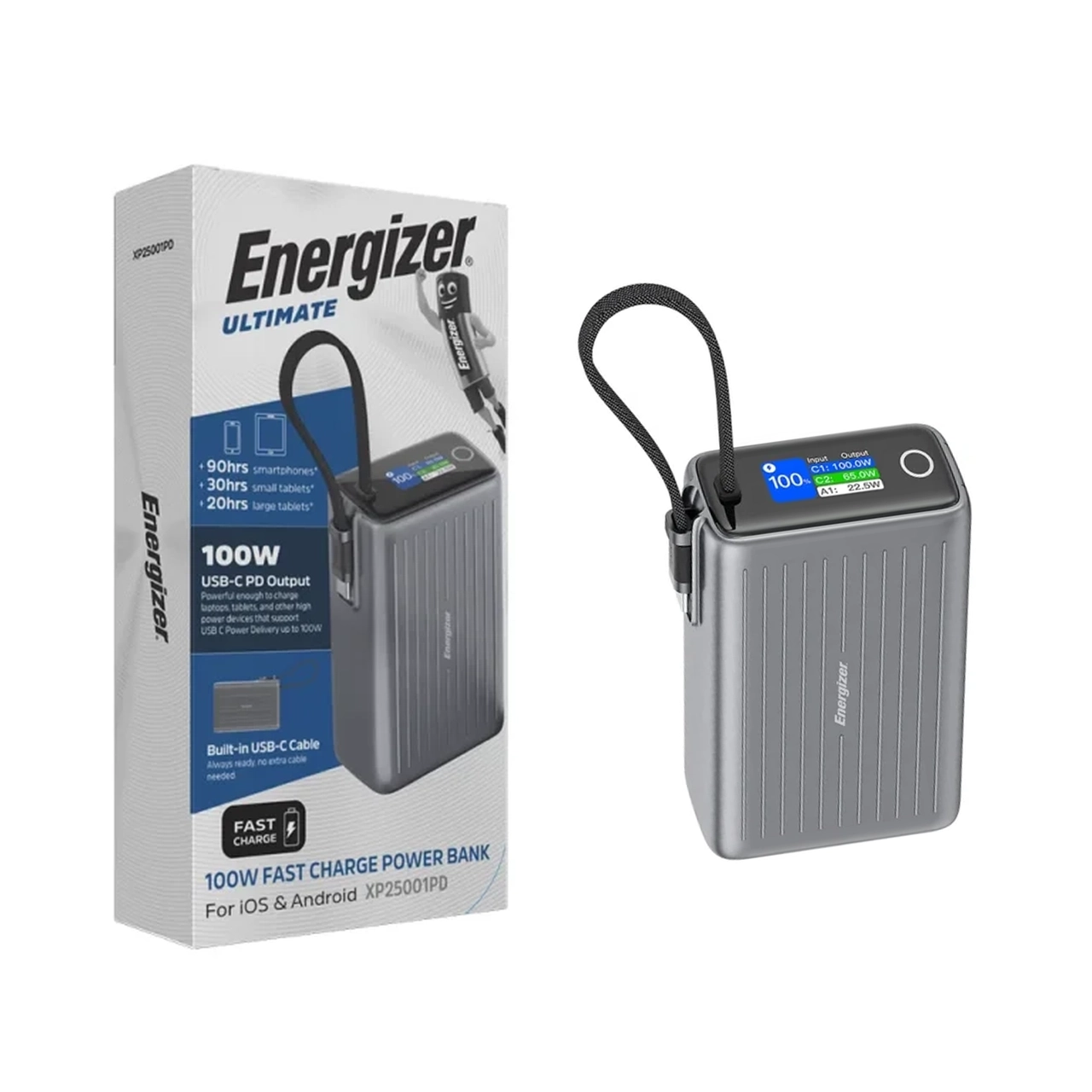 پاوربانک PD و فست شارژ Energizer 100W 25000mAh مدل XP25001PD - خاکستری (گارانتی متین)