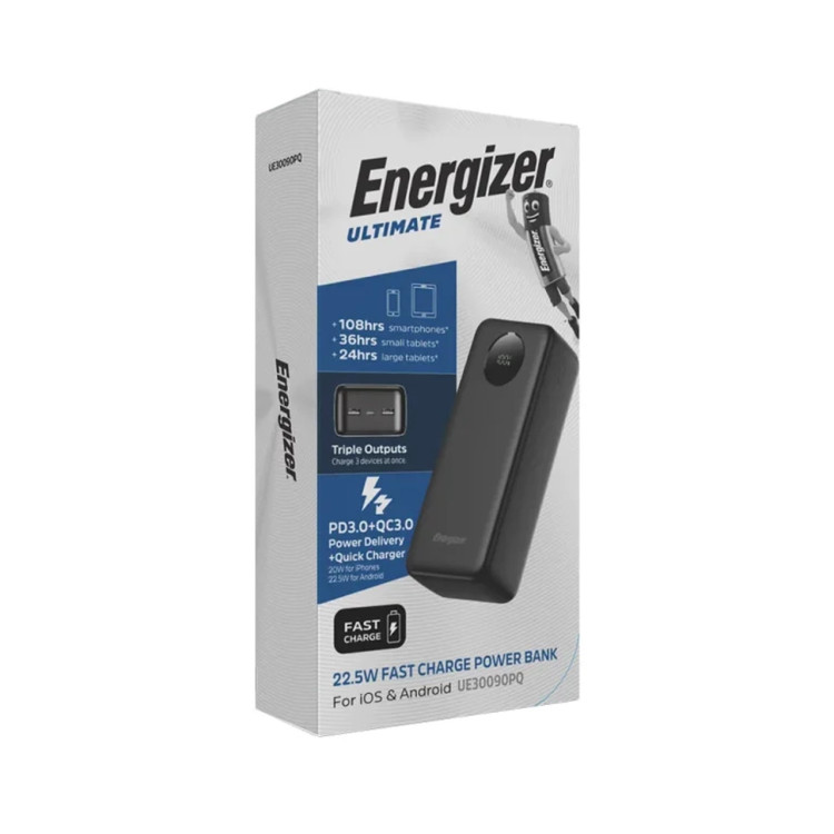 پاوربانک PD و فست شارژ Energizer 22.5W 30000mAh مدل UE30090PQ - مشکی (گارانتی متین)