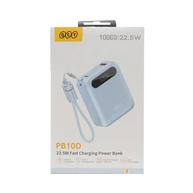 پاوربانک فست شارژ QCY 22.5W 10000mAh مدل PB10D - آبی (گارانتی تعویض یکساله شرکتی)
