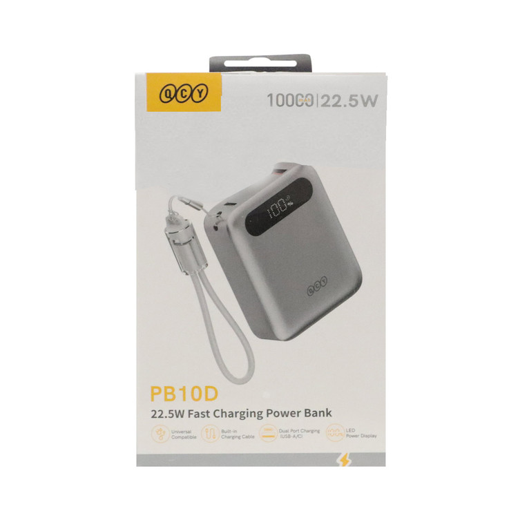 پاوربانک فست شارژ QCY 22.5W 10000mAh مدل PB10D - نقره ای (گارانتی تعویض یکساله شرکتی)
