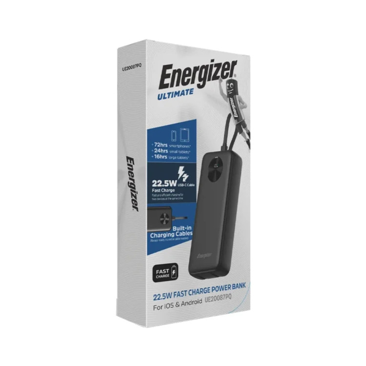پاوربانک PD و فست شارژ Energizer 22.5W 20000mAh مدل UE20087PQ - مشکی (گارانتی متین)