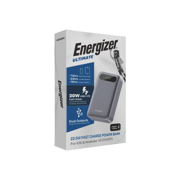 پاوربانک PD و فست شارژ Energizer 22.5W 20000mAh مدل UE20088PQ - خاکستری (گارانتی متین)