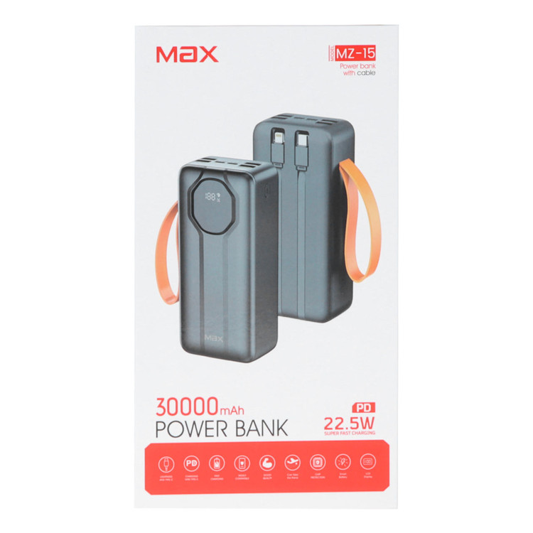 پاوربانک PD و فست شارژ Max 22.5W 30000mAh مدل MZ-15 - مشکی - MMX