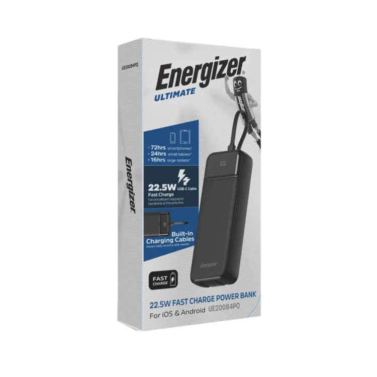 پاوربانک PD و فست شارژ Energizer 22.5W 20000mAh مدل UE20084PQ - مشکی (گارانتی متین)