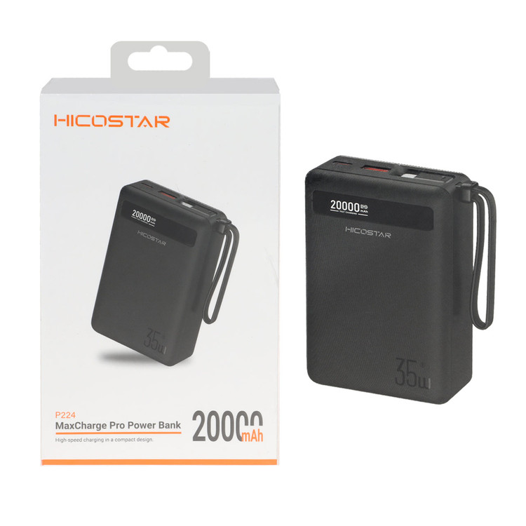 پاوربانک فست شارژ Hicostar 35W 20000mAh مدل P224 - مشکی (یکساله HD سرویس)