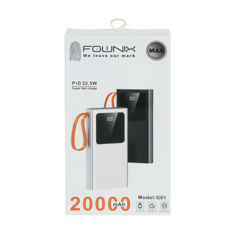 پاوربانک PD و فست شارژ Fownix 22.5W 20000mAh مدل G01 - سفید
