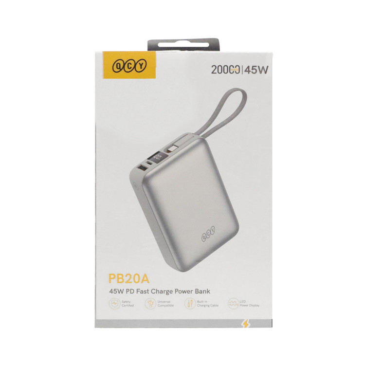 پاوربانک PD و فست شارژ QCY 45W 20000mAh مدل PB20A - نقره ای (گارانتی تعویض یکساله شرکتی)