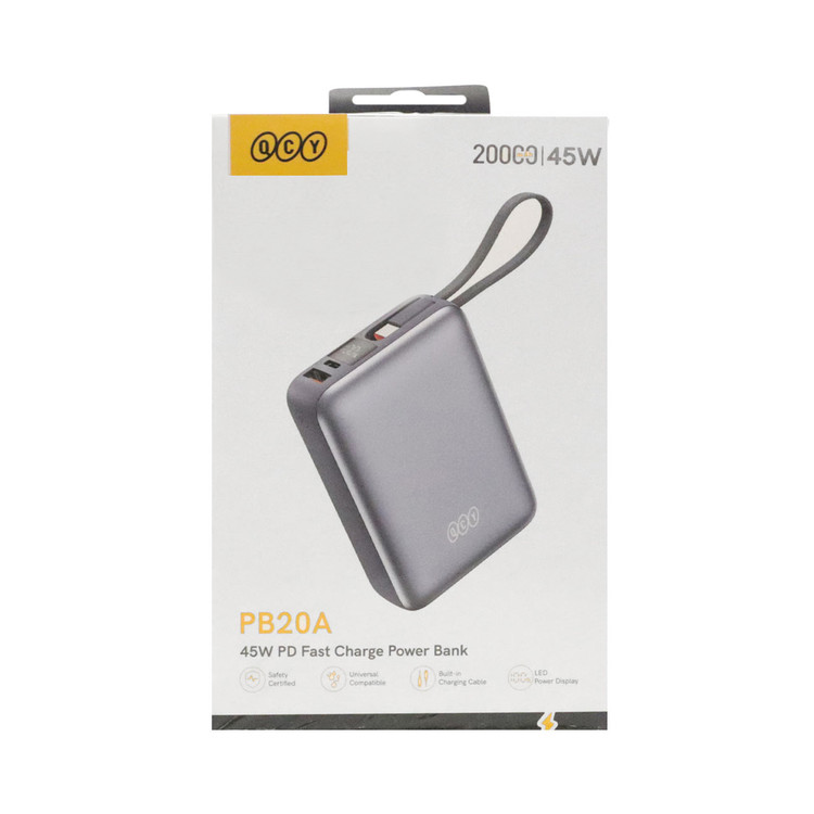 پاوربانک PD و فست شارژ QCY 45W 20000mAh مدل PB20A - خاکستری (گارانتی تعویض یکساله شرکتی)