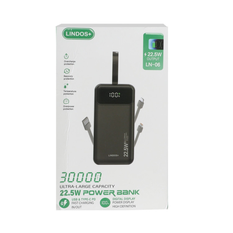 پاوربانک PD و فست شارژ Lindos+ 22.5W 30000mAh مدل LN-06 - مشکی (گارانتی تعویض یکساله شرکتی)