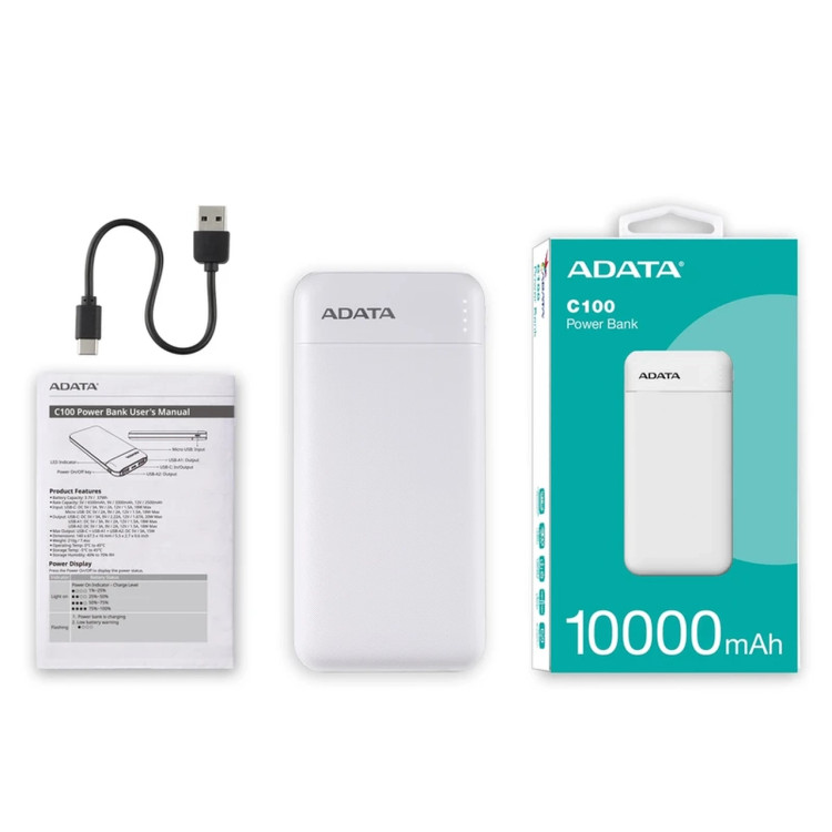 پاوربانک فست شارژ ADATA 18W 10000mAh مدل C100 - سفید (گارانتی آونگ)
