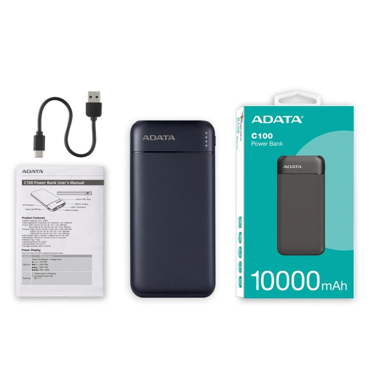 پاوربانک فست شارژ ADATA 18W 10000mAh مدل C100 - مشکی (گارانتی آونگ)