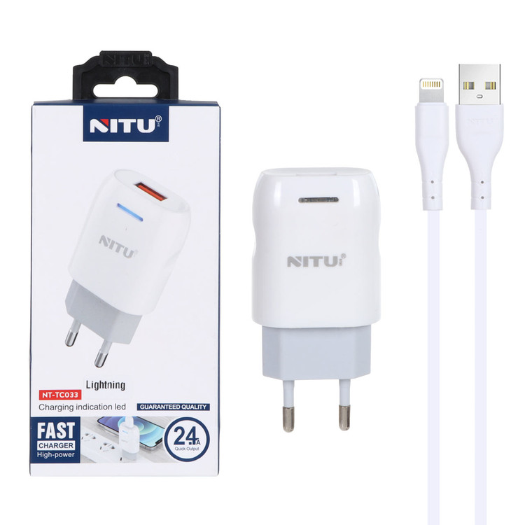 شارژر دیواری فست تک پورت Nitu مدل NT-TC033 12W به همراه کابل شارژ آیفون - سفید (گارانتی 12 ماه تعویض نیکان همراه)