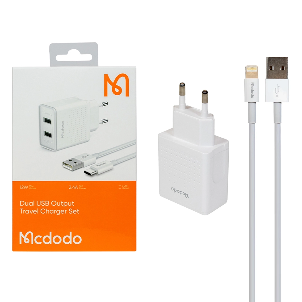 شارژر دیواری فست دو پورت Mcdodo مدل CH-3970 12W به همراه کابل شارژ آیفون - سفید (گارانتی متین) - اصلی