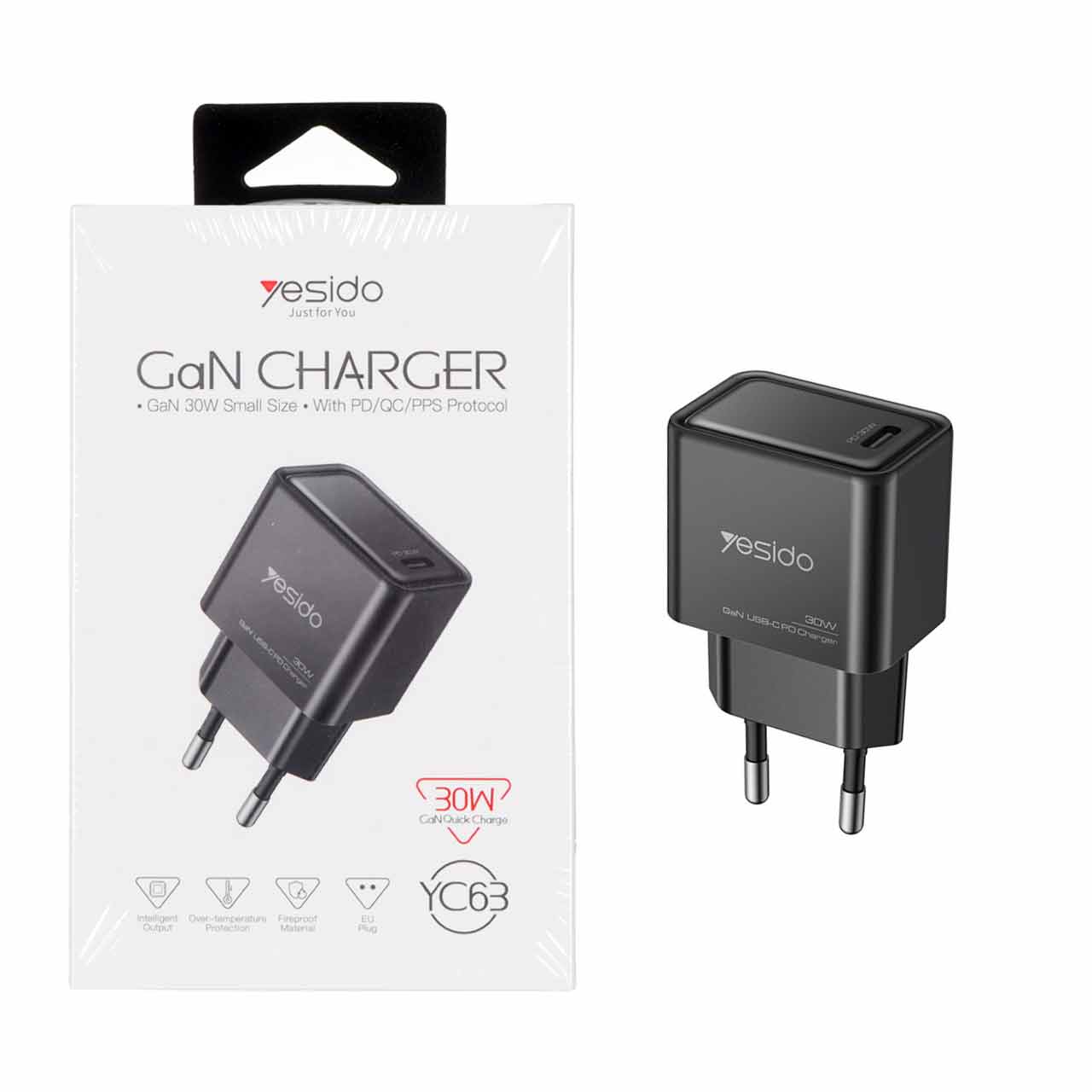 شارژر دیواری PD و فست تک پورت Yesido مدل 30W YC63 - مشکی (گارانتی 12 ماه تعویض نیکان همراه) مجهز به فناوری GAN