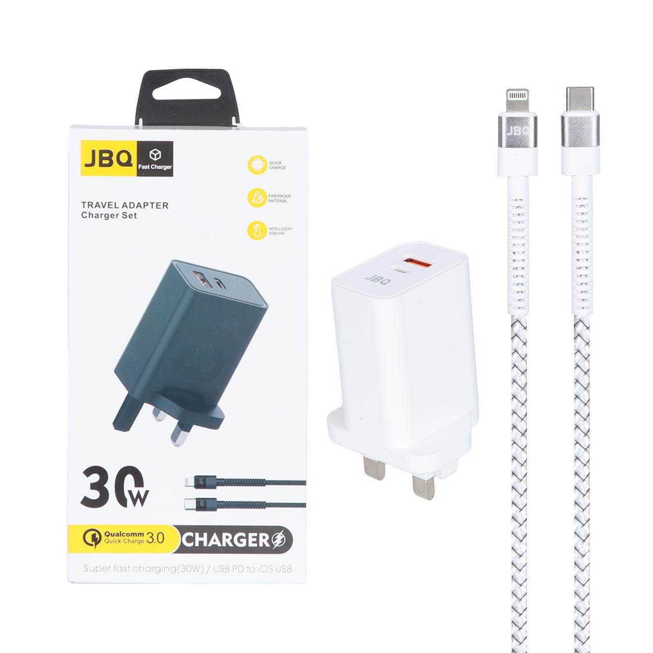 شارژر دیواری فست دو پورت JBQ مدل HC-30w 30W همراه با کابل Type-C To Lightning - سفید (گارانتی یکساله رصاصی)