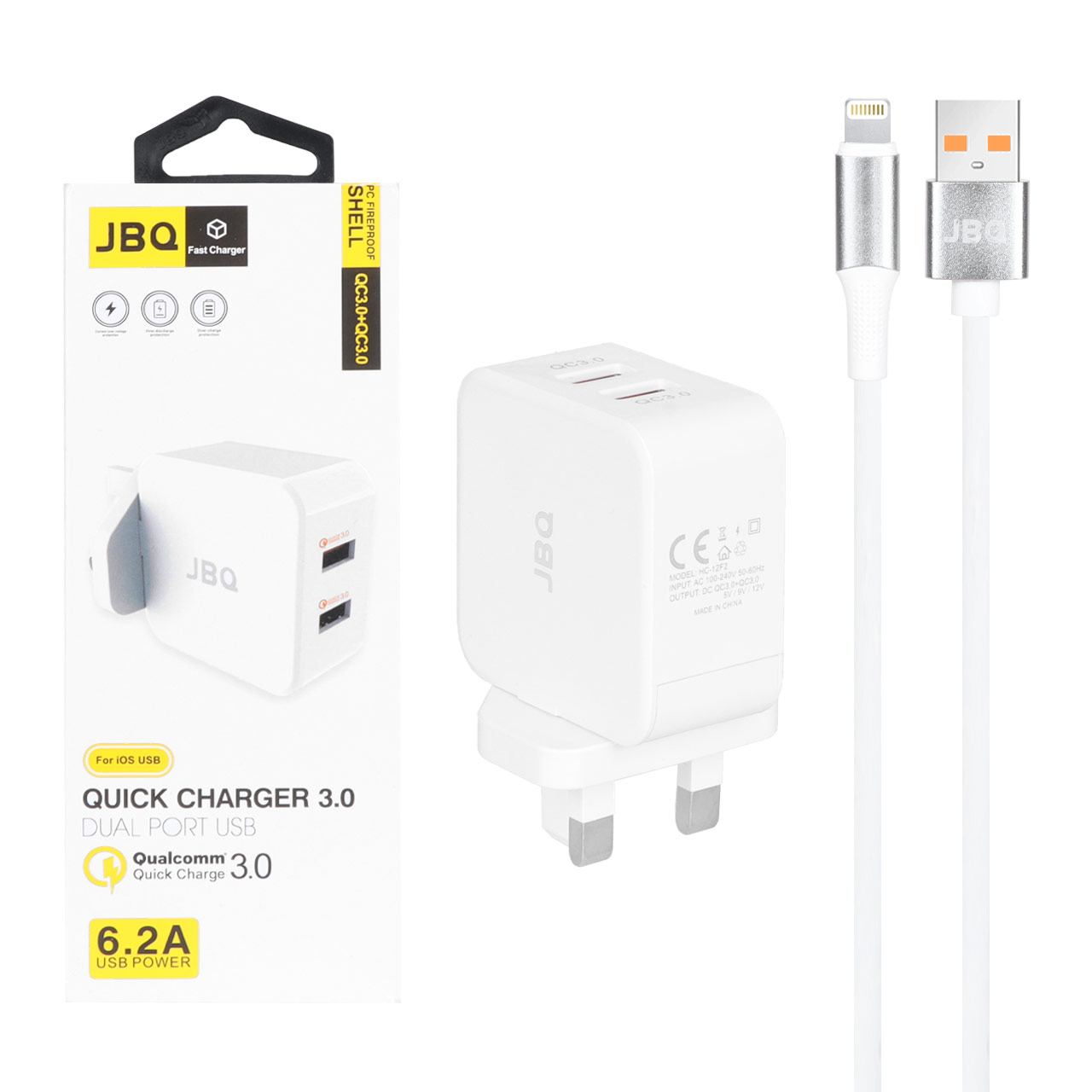 شارژر دیواری فست دو پورت JBQ مدل HC-12F2 30W همراه با کابل آیفون - سفید (گارانتی یکساله رصاصی)