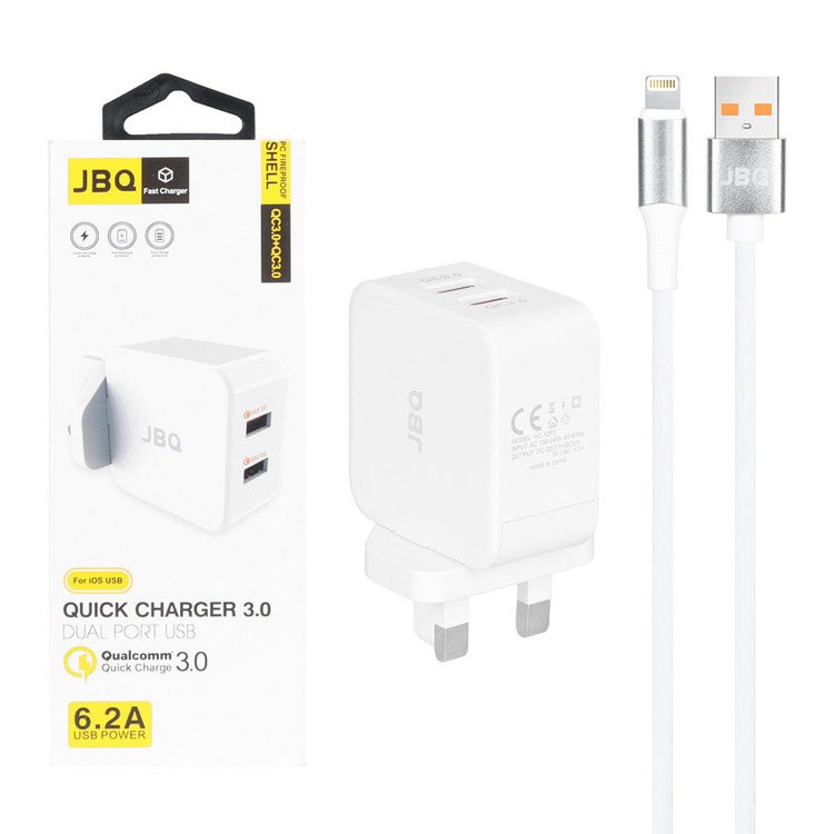 شارژر دیواری فست دو پورت JBQ مدل HC-12F2 30W همراه با کابل آیفون - سفید (گارانتی یکساله رصاصی)