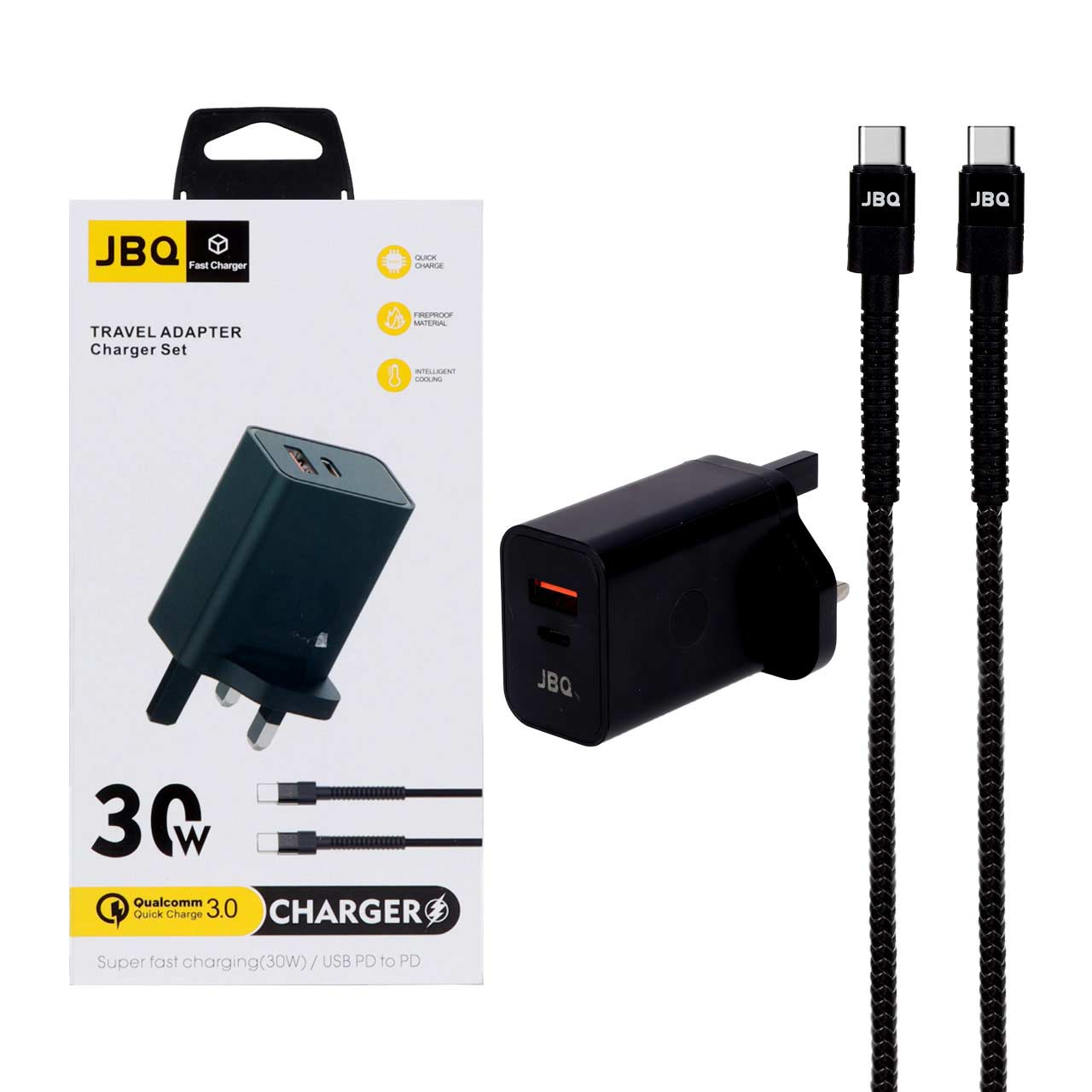 شارژر دیواری فست دو پورت JBQ مدل HC-30w 30W همراه با کابل Type-C To Type-C - مشکی (گارانتی یکساله رصاصی)