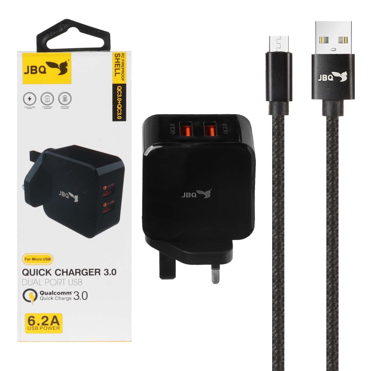 شارژر دیواری فست دو پورت JBQ مدل HC-12F2 30W همراه با کابل اندروید - مشکی (گارانتی یکساله رصاصی)
