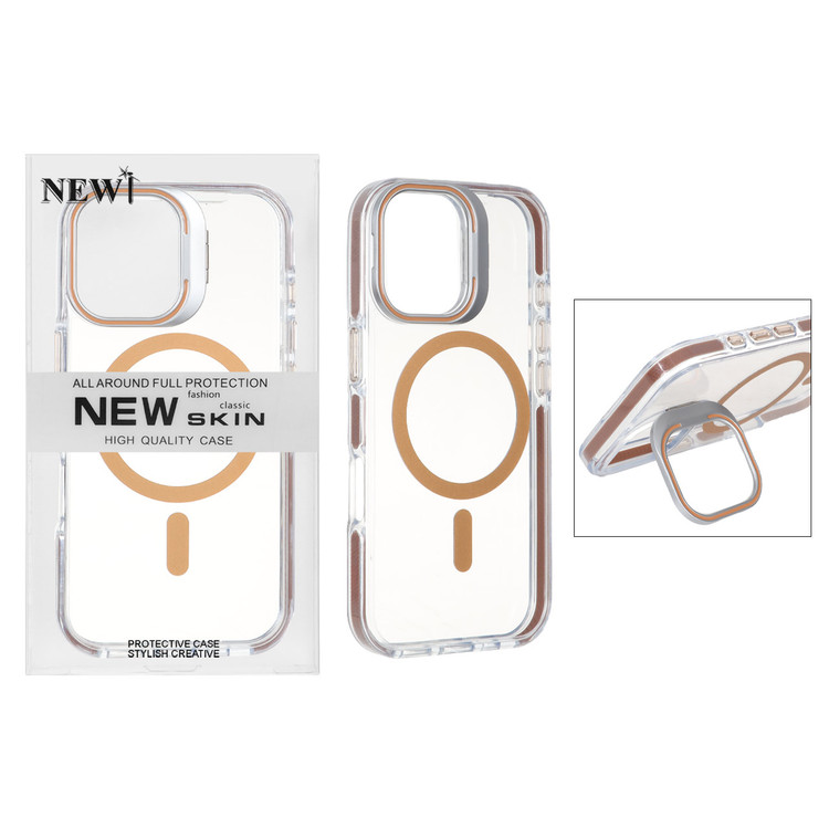 قاب اورجینال New Skin شفاف کریستالی MagSafe لنز استندشو Apple iPhone 17 - صحرایی (پک دار)