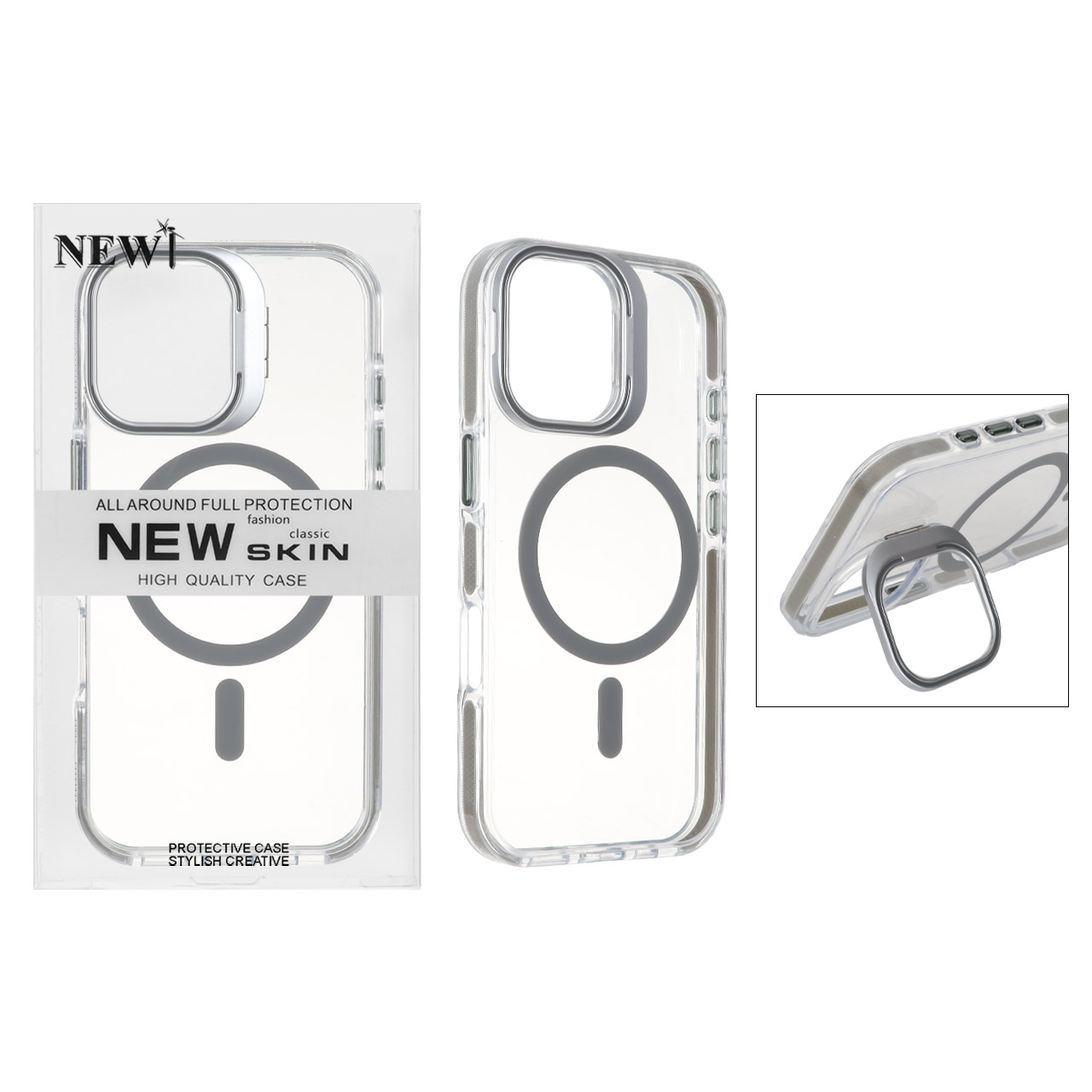 قاب اورجینال New Skin شفاف کریستالی MagSafe لنز استندشو Apple iPhone 17 - خاکستری (پک دار)