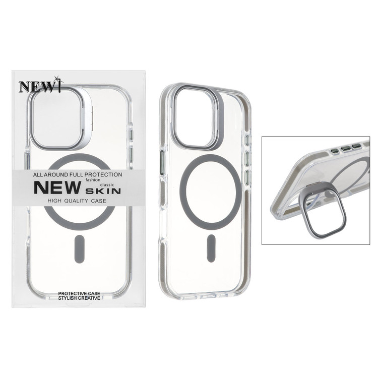 قاب اورجینال New Skin شفاف کریستالی MagSafe لنز استندشو Apple iPhone 17 - خاکستری (پک دار)